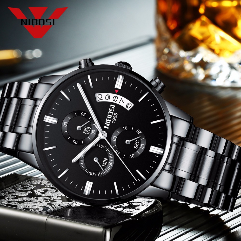 Smartwatch Watches For Men Brands - NIBOSI Stainless Steel Black Quartz Watch